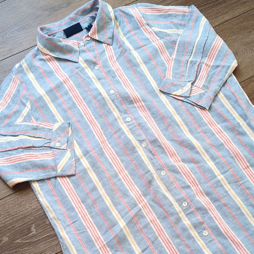 D & Co Beach Linen Blend Button Down Tunic Shirt or Swim Cover Up - Stripes XL